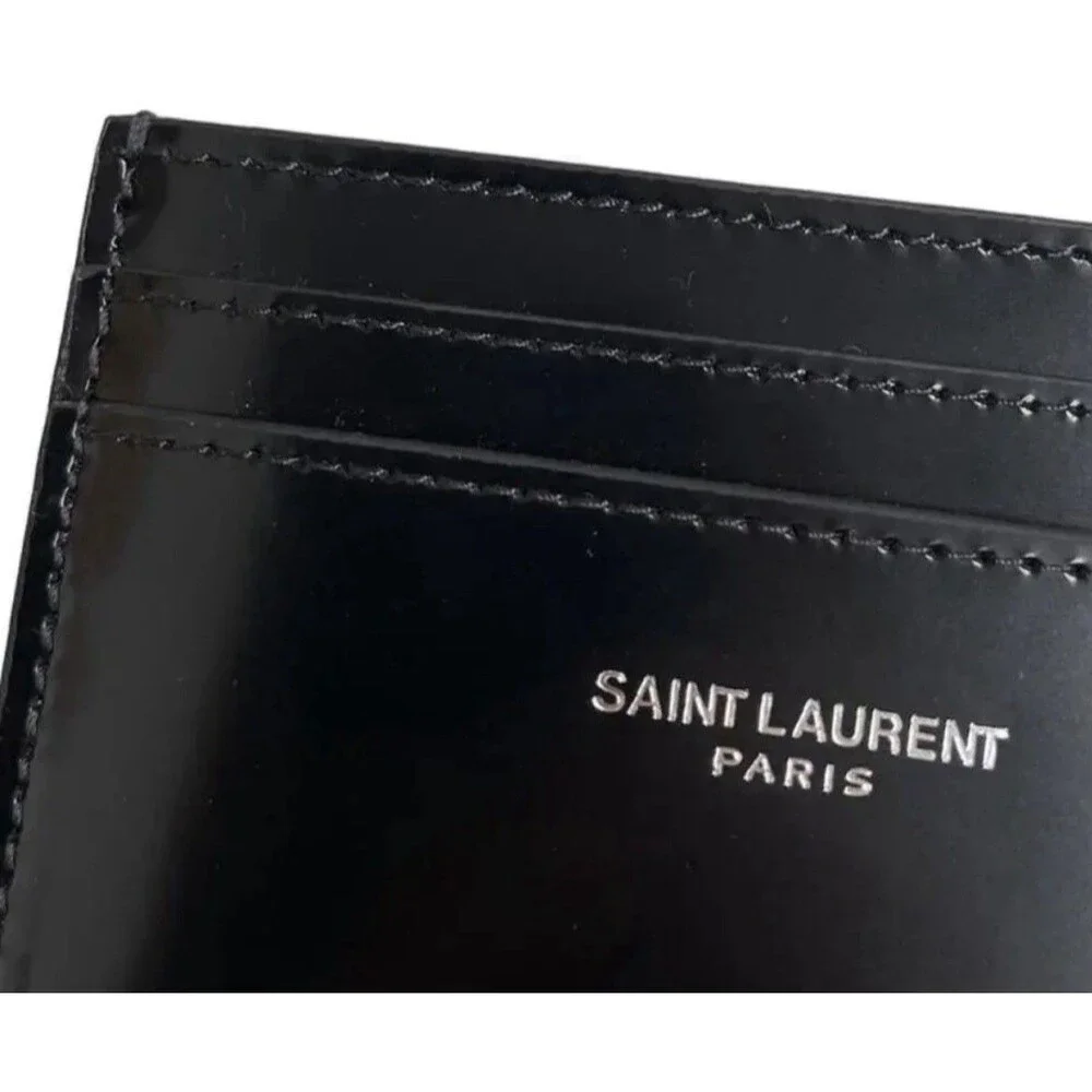 Saint Laurent Paris Black and Silver Patent Leather Card Holder New w/COA